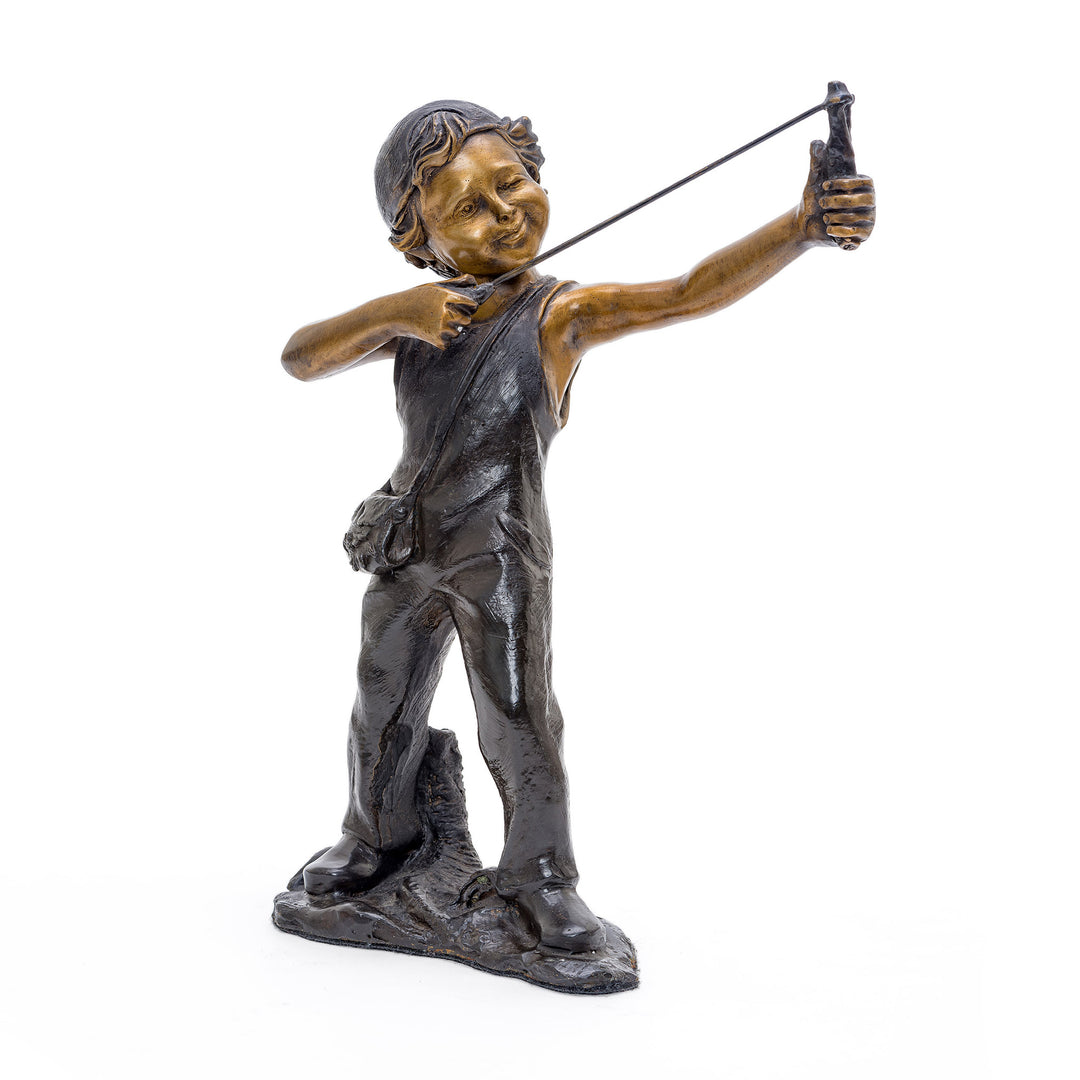 Miniature Bronze Boy with Slingshot Sculpture.