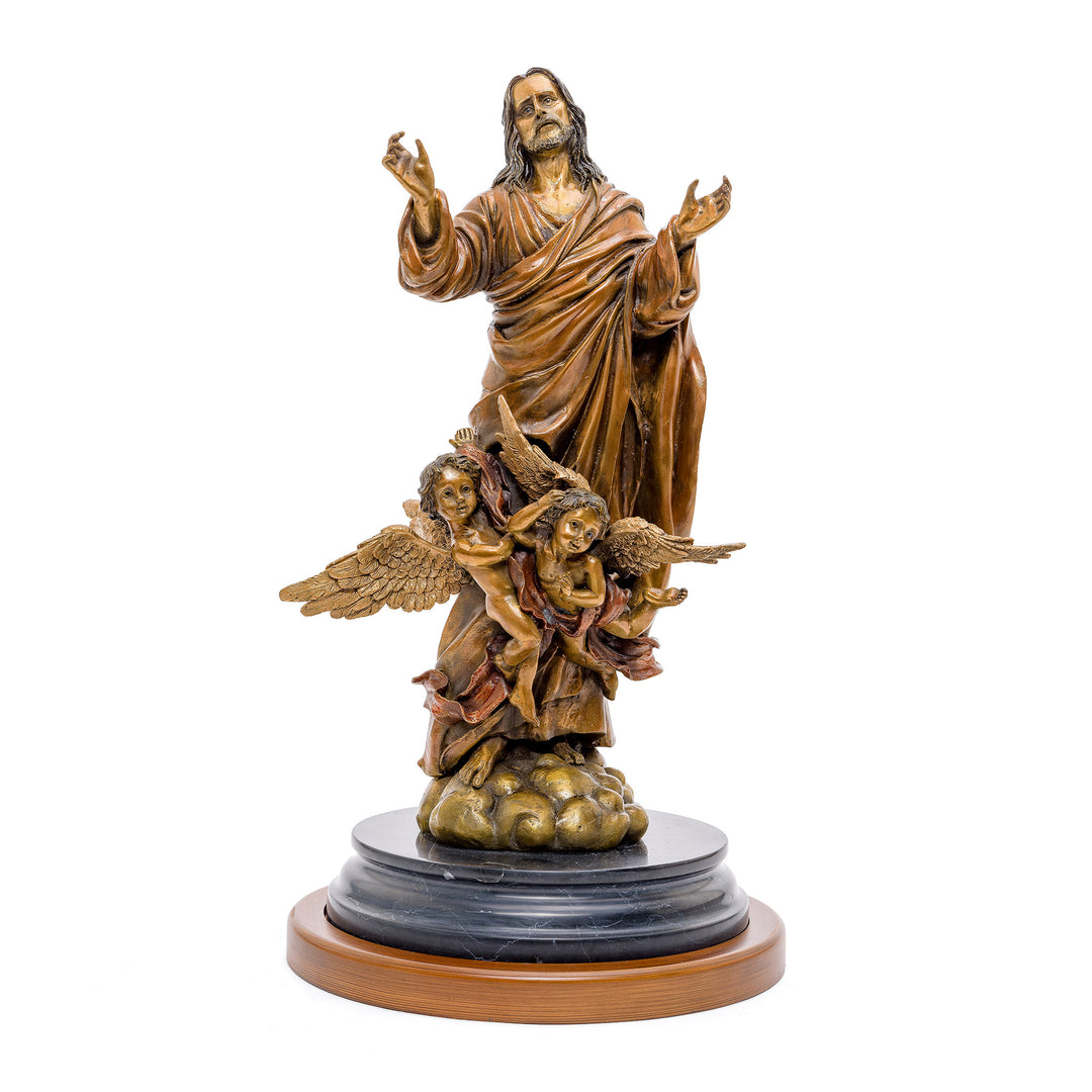 Jesus Christ opening arms bronze statue with angels.