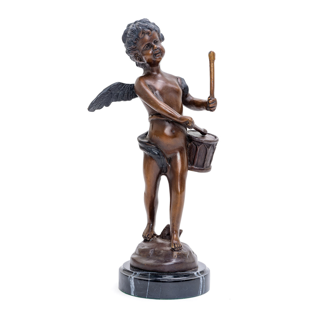 Miniature bronze cherub playing drum sculpture.