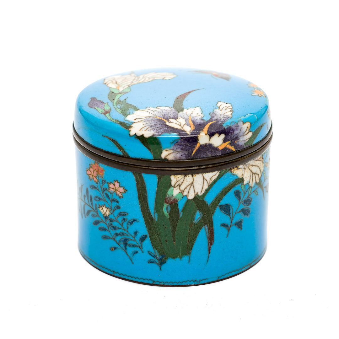 Elegant Japanese cloisonné round box with iris design