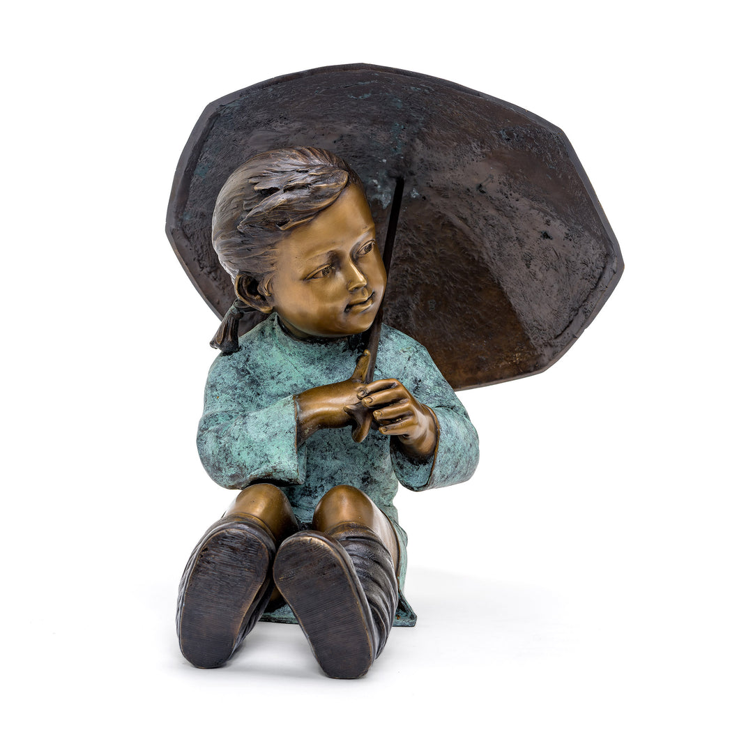 Reflective Seated Girl Holding Umbrella in Bronze.