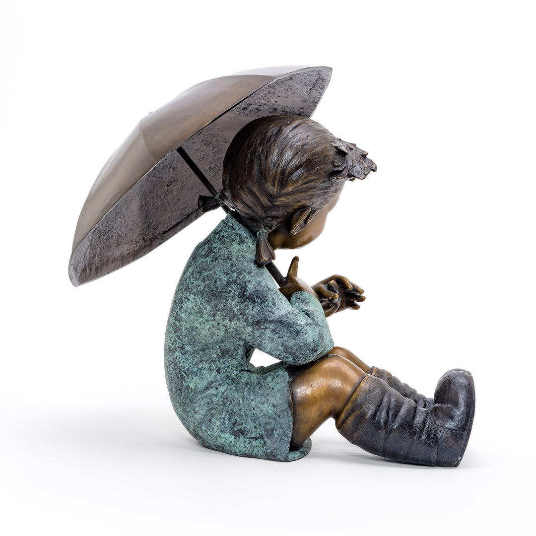 Bronze Statue of Young Girl Under Umbrella.