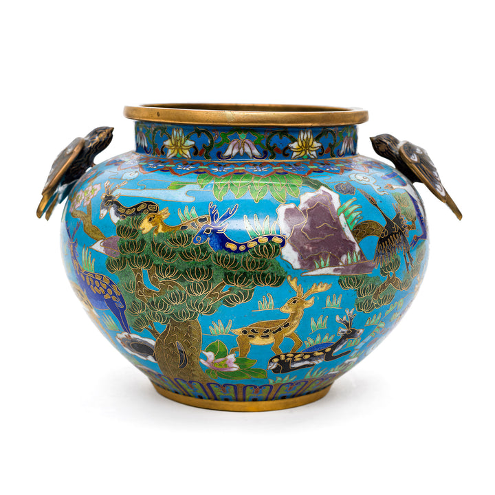 Vintage cloisonné enameled metal jar with deer and cranes