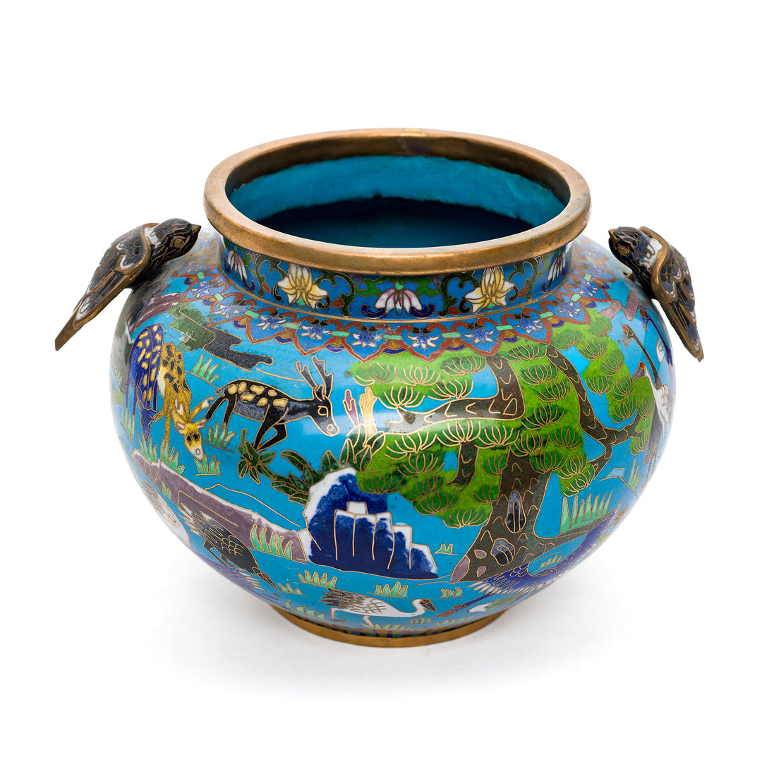 Beautiful cloisonné decorative jar with bird handles