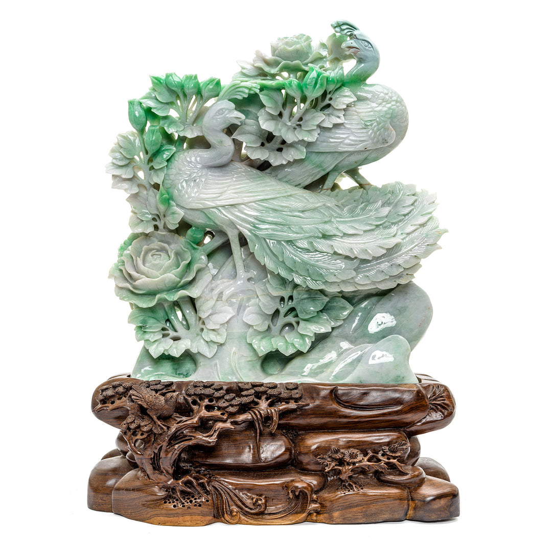 Museum-quality jade sculpture with two Phoenix in a floral paradise