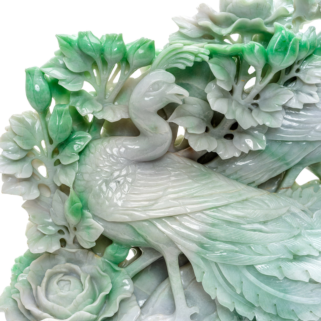 Phoenix rebirth captured in jade, amidst a floral scene for opulent decor