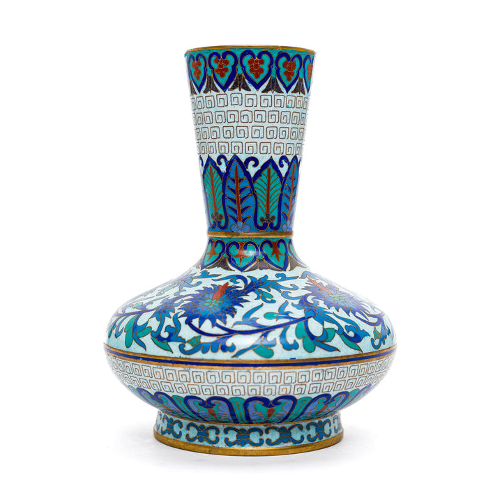 Artistic blue cloisonné vase with colorful motifs