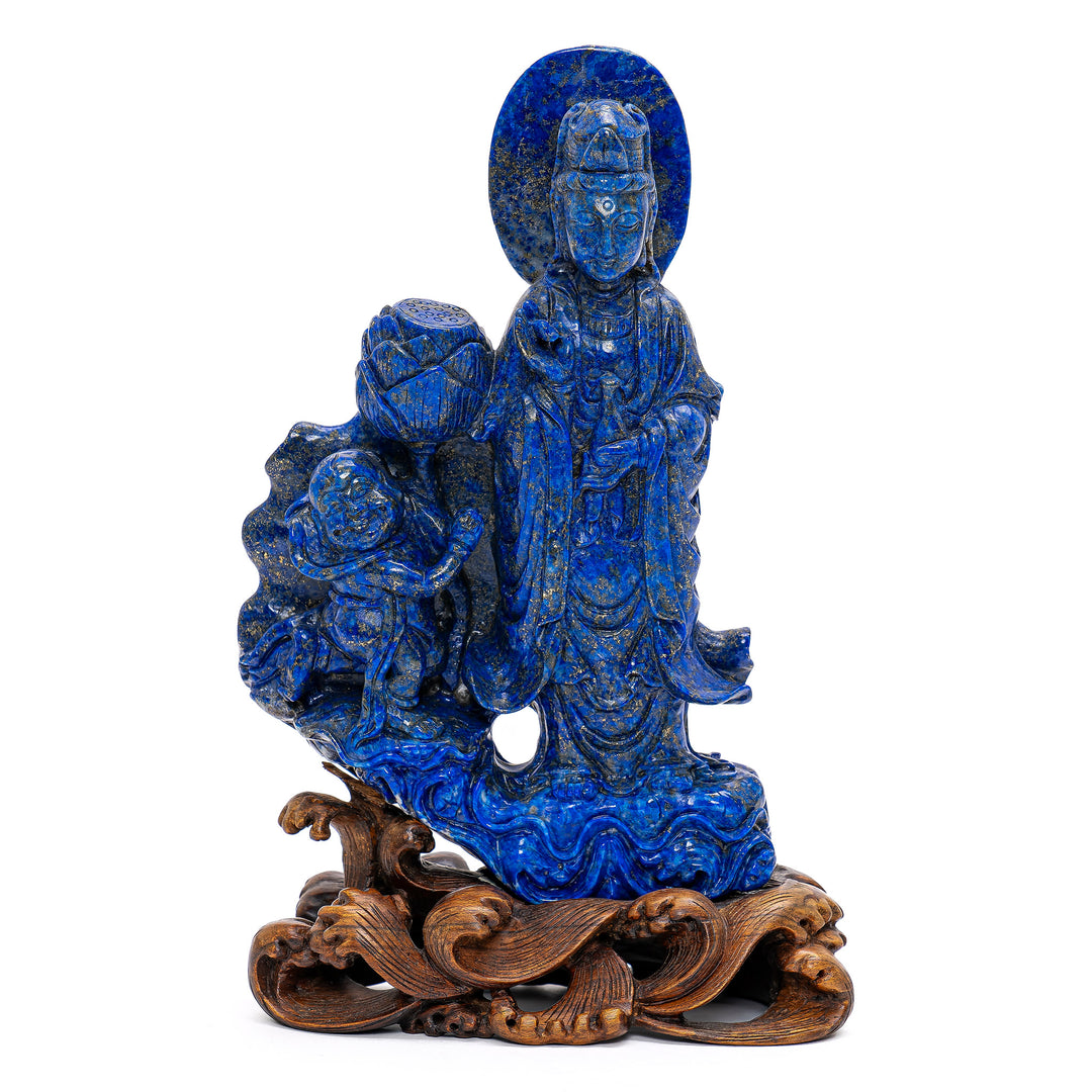 19th Century Lapis Guanyin with symbolic healing attributes.