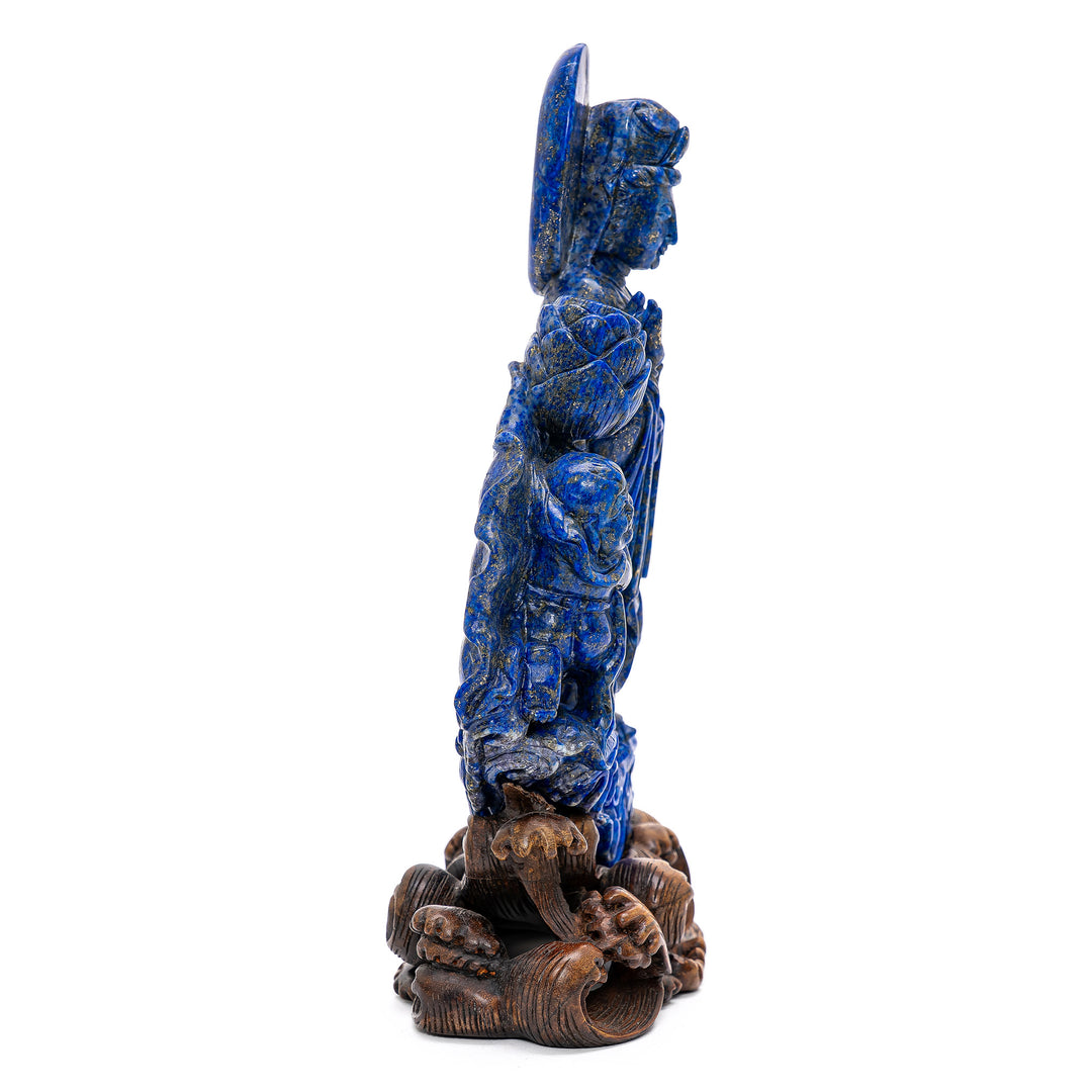 Historical Lapis sculpture of Guanyin with attendant.