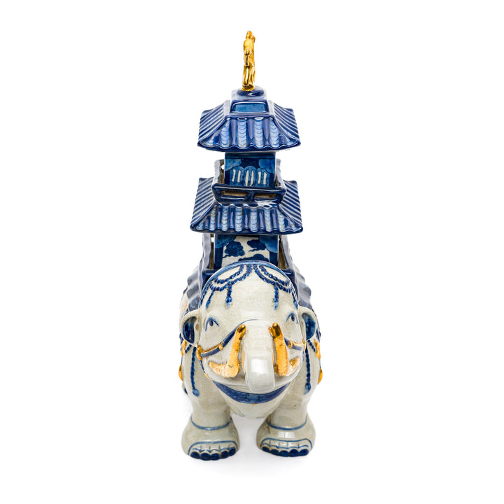 Classic blue and white porcelain elephant with detailed craftsmanship