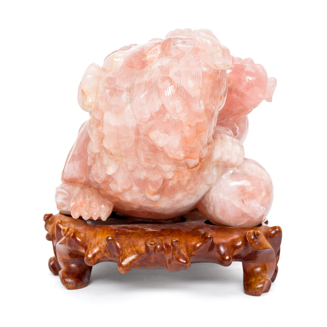 Artisan-crafted Serene Fu Lion Family Sculpture in Rose Quartz.