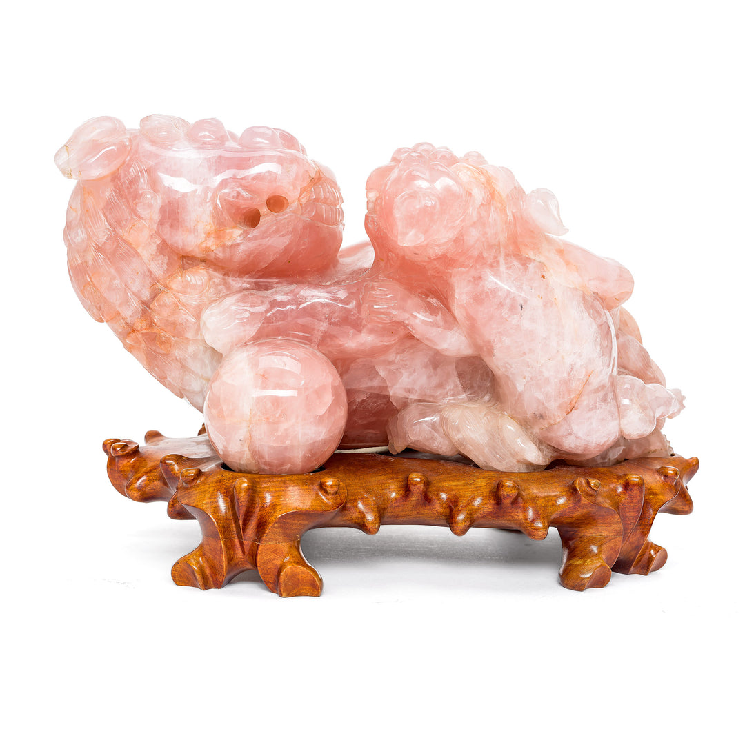 Symbolic Rose Quartz Guardian Lion with Nurturing Cub.