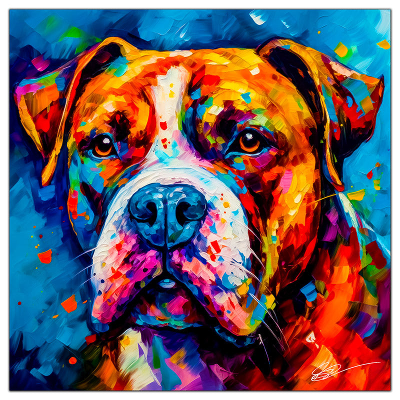 Colorful American Bulldog portrait in modern art style, perfect for home decor.