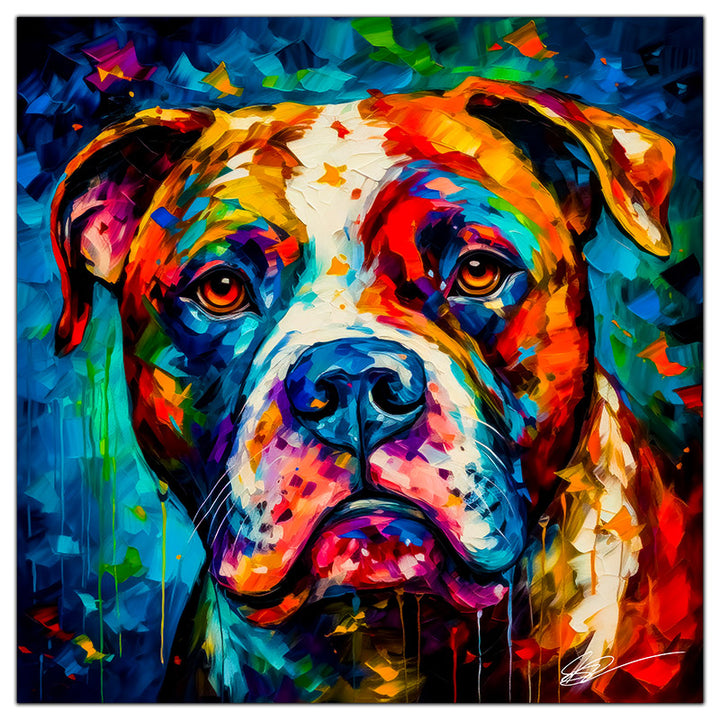 Colorful American Bulldog portrait in modern art style, perfect for home decor.