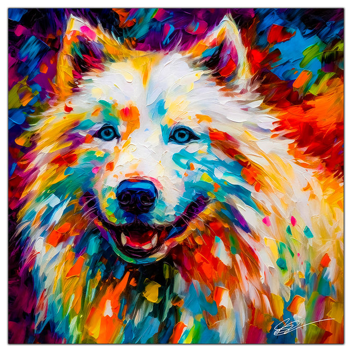 Colorful American Eskimo portrait in modern art style, perfect for home decor.