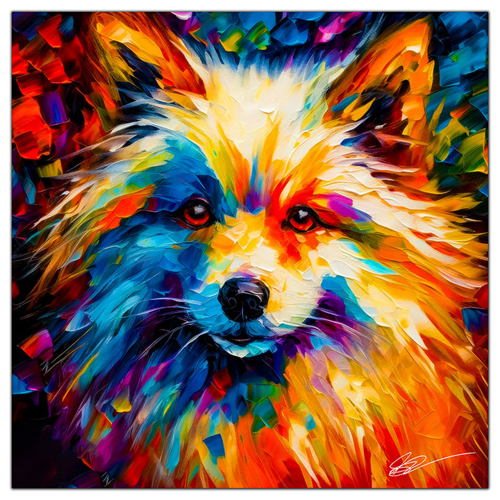 Colorful American Eskimo portrait in modern art style, perfect for home decor.