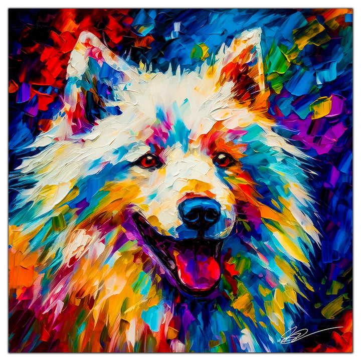 Colorful American Eskimo portrait in modern art style, perfect for home decor.