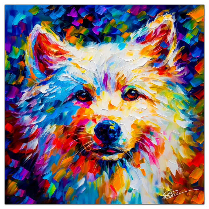 Colorful American Eskimo portrait in modern art style, perfect for home decor.