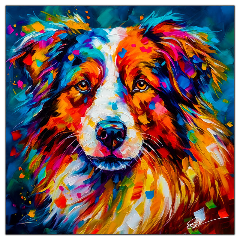 Colorful Australian Shepherd portrait in modern art style, perfect for home decor.