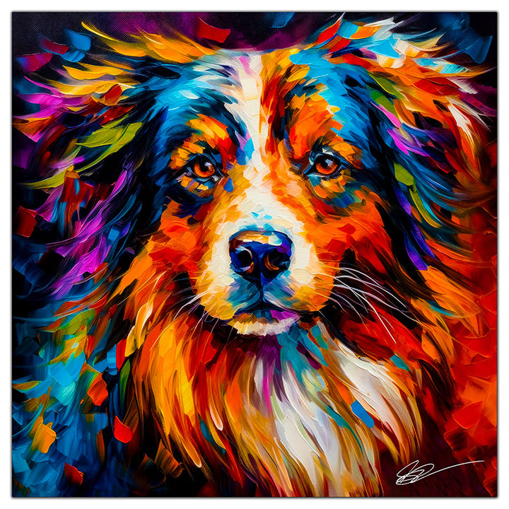 Colorful Australian Shepherd portrait in modern art style, perfect for home decor.