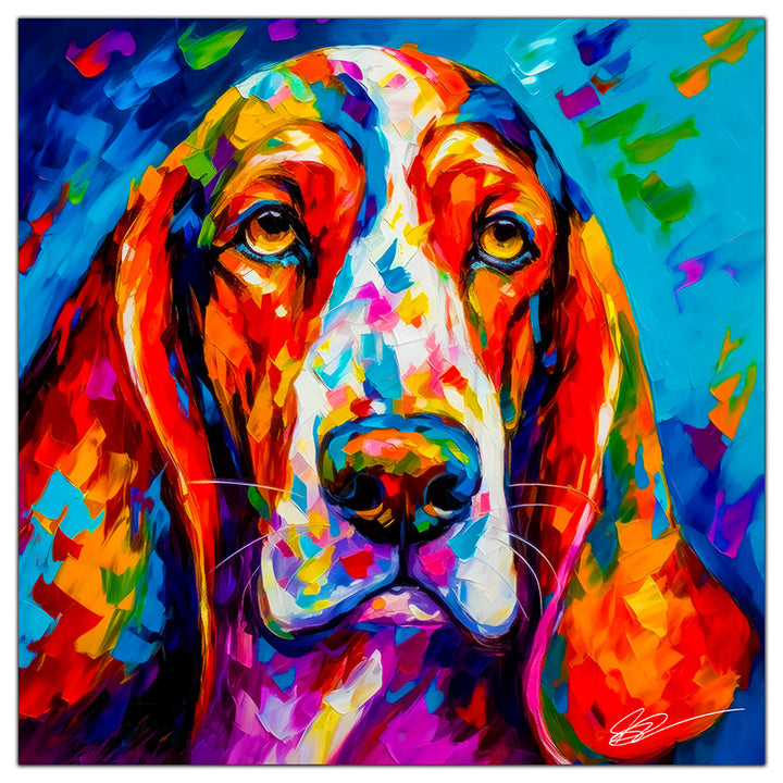 Colorful Basset Hound portrait in modern art style, perfect for home decor.