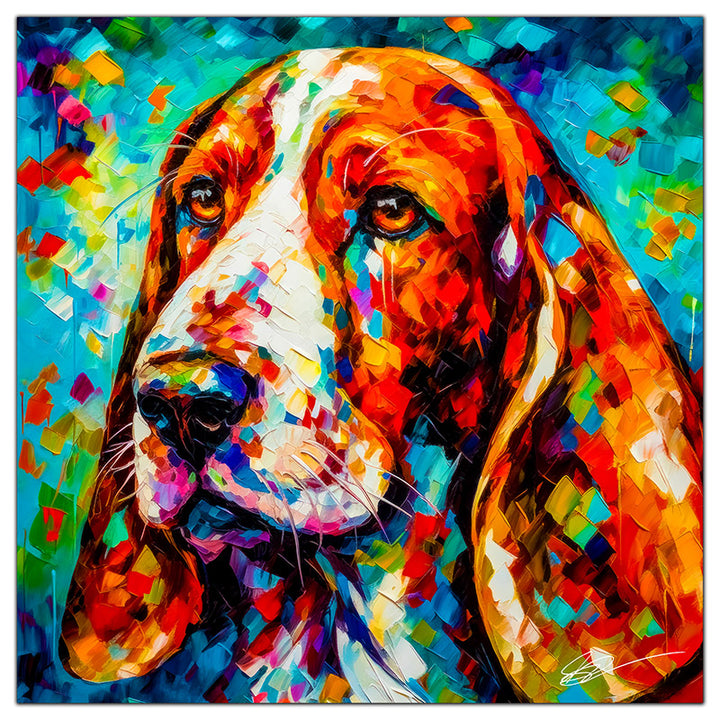 Colorful Basset Hound portrait in modern art style, perfect for home decor.