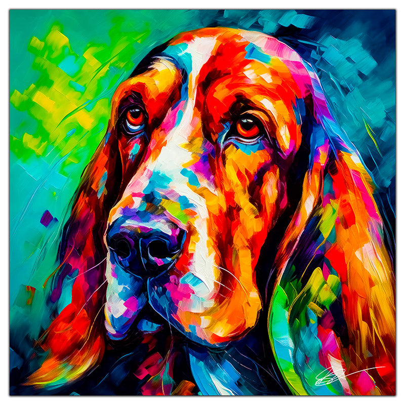 Colorful Basset Hound portrait in modern art style, perfect for home decor.