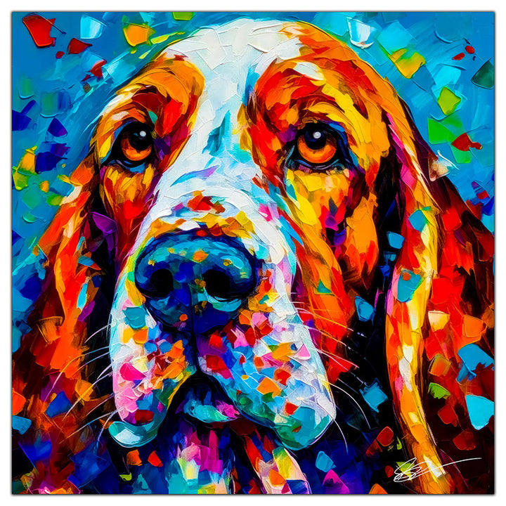 Colorful Basset Hound portrait in modern art style, perfect for home decor.