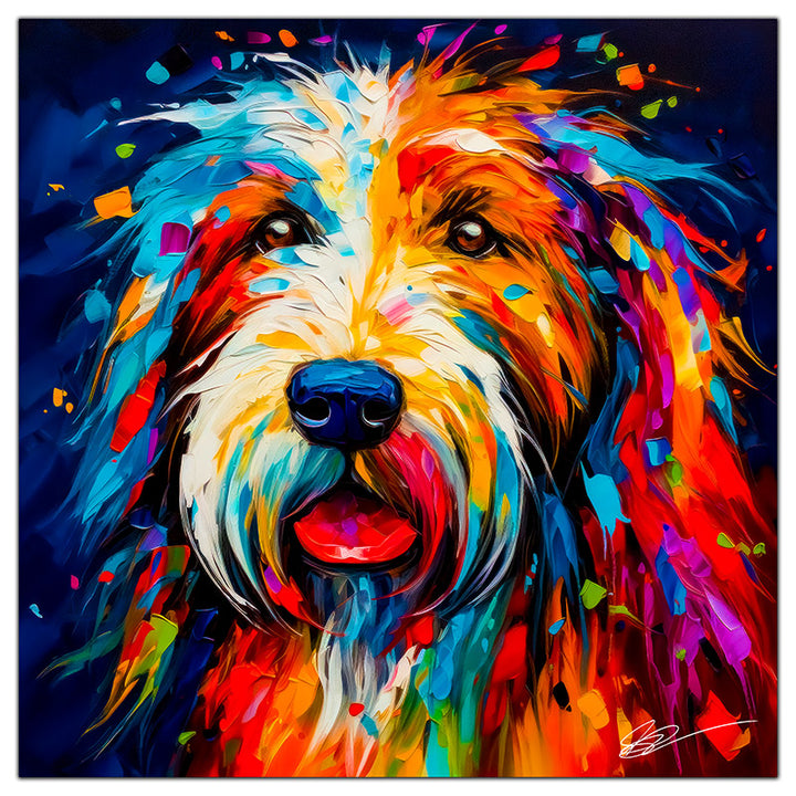 Colorful Bearded Collie portrait in modern art style, perfect for home decor.