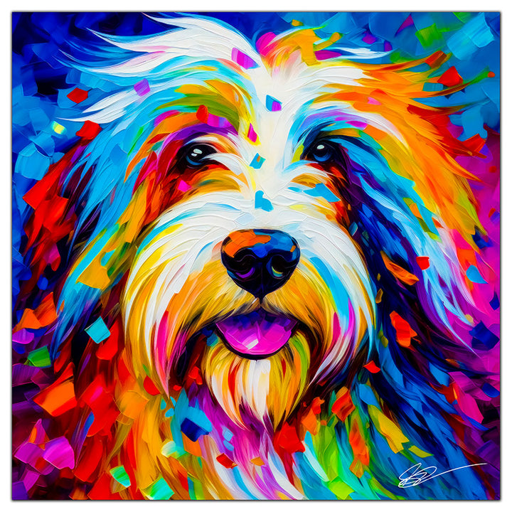 Colorful Bearded Collie portrait in modern art style, perfect for home decor.