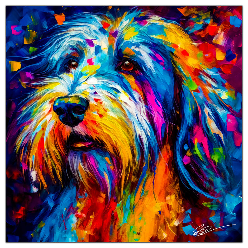 Colorful Bearded Collie portrait in modern art style, perfect for home decor.