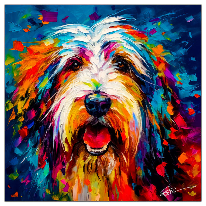 Colorful Bearded Collie portrait in modern art style, perfect for home decor.