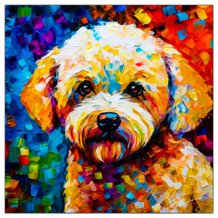 Colorful Bichon Frise portrait in modern art style, perfect for home decor.