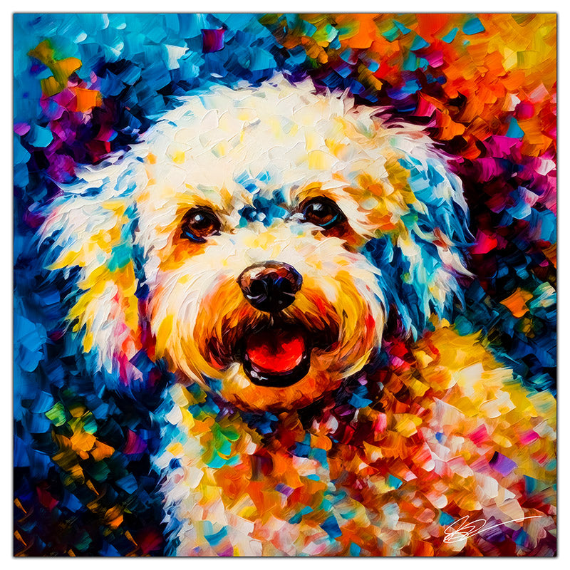 Colorful Bichon Frise portrait in modern art style, perfect for home decor.