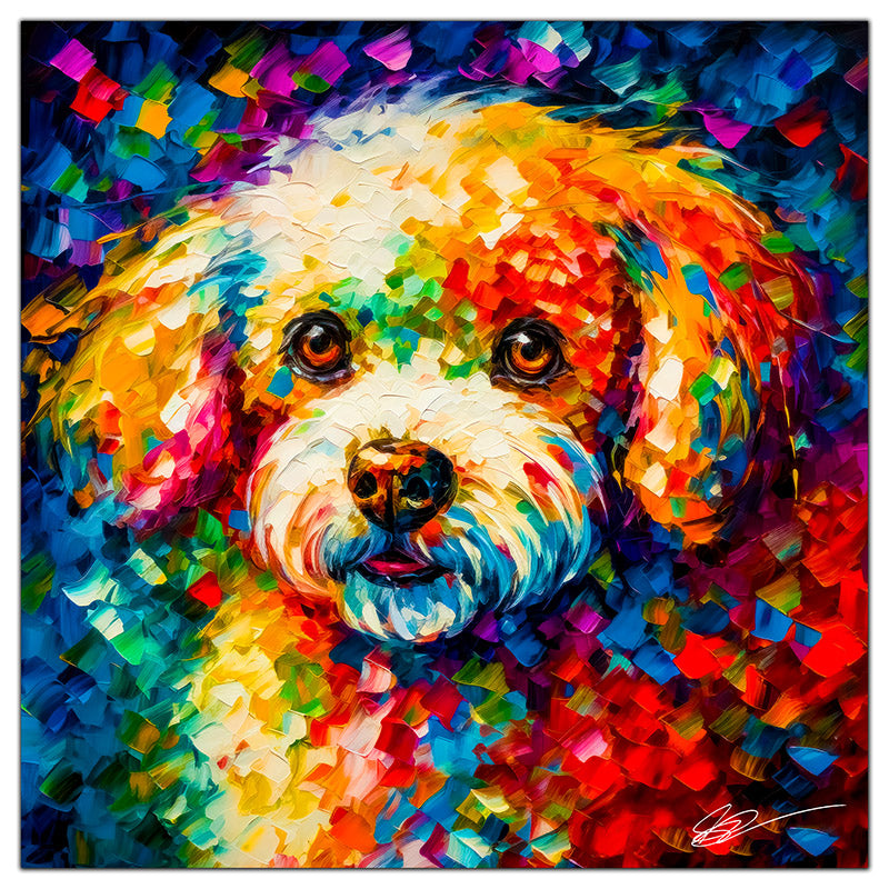 Colorful Bichon Frise portrait in modern art style, perfect for home decor.