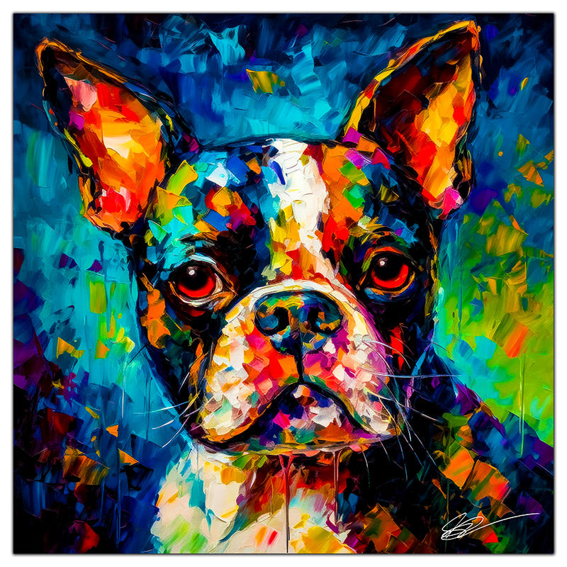 Colorful Boston Terrier portrait in modern art style, perfect for home decor.