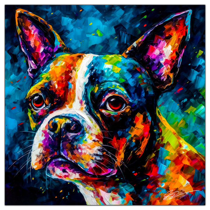 Colorful Boston Terrier portrait in modern art style, perfect for home decor.