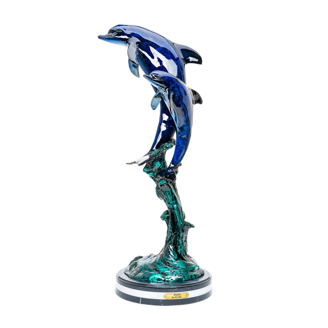 Bronze double dolphin sculpture by Muzika with custom blue patina.