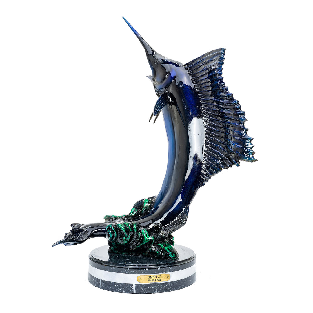 Bronze marlin sculpture by Muzika with custom blue patina.