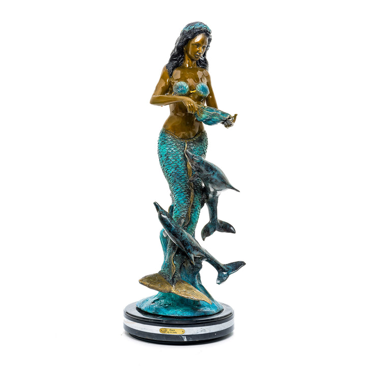 Bronze mermaid and dolphin sculpture with patina finish