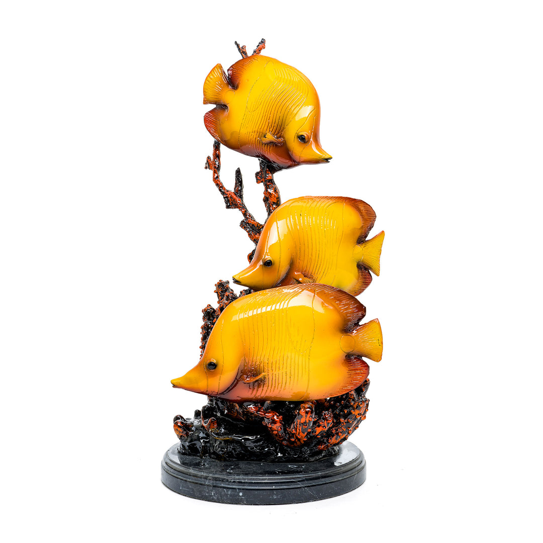 Bronze school of fish sculpture by Muzika with custom yellow patina.