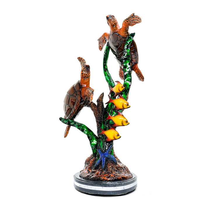 Bronze sea turtles and fish sculpture by Muzika with custom patina.