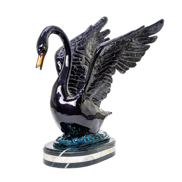 Bronze swan sculpture by Muzika with custom dark patina.