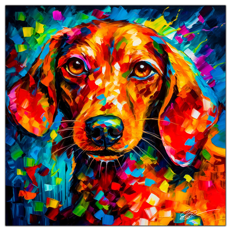 Colorful Dachshund portrait in modern art style, perfect for home decor.