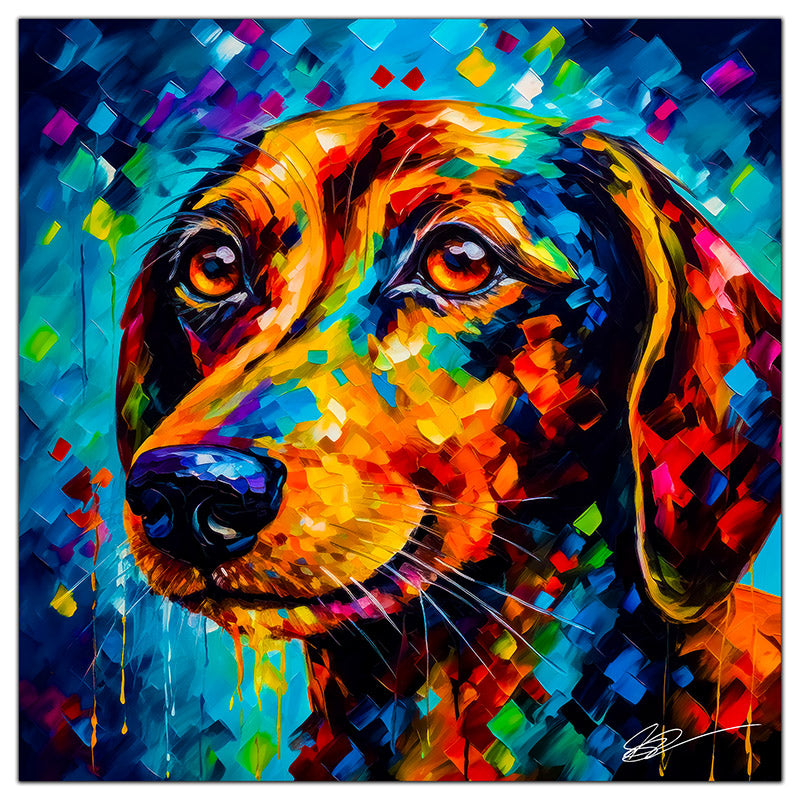 Colorful Dachshund portrait in modern art style, perfect for home decor.