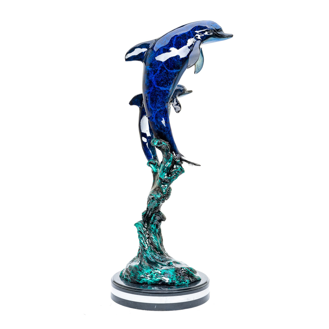 Detailed bronze dolphin sculpture with ocean-inspired patina.