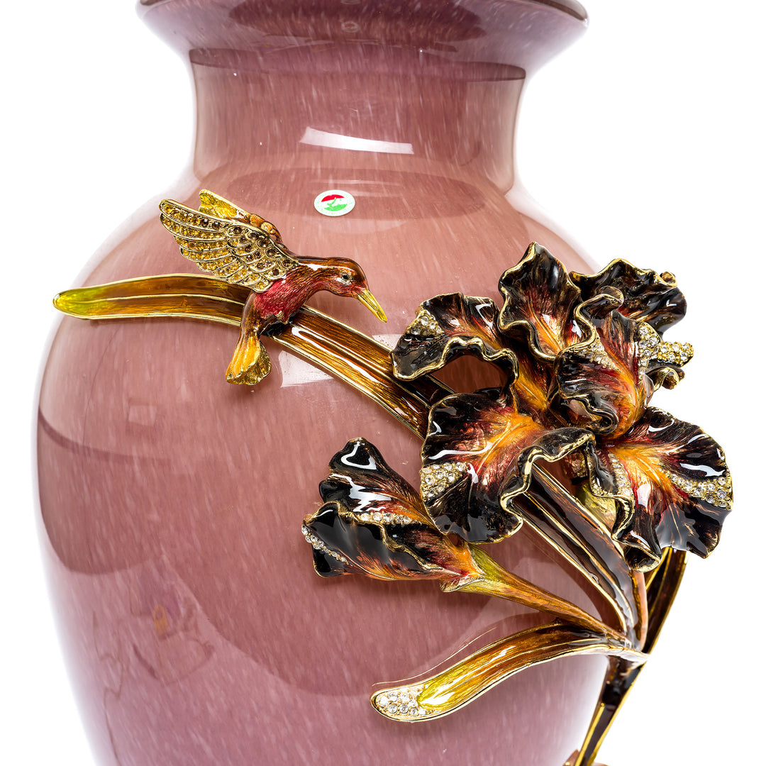 Detailed bronze floral motif with lavender ceramic base.