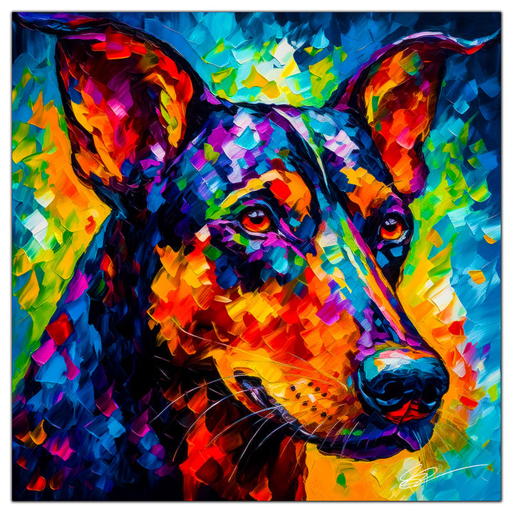 Colorful Dobermann portrait in modern art style, perfect for home decor.