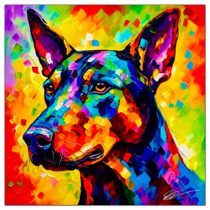 Colorful Dobermann portrait in modern art style, perfect for home decor.