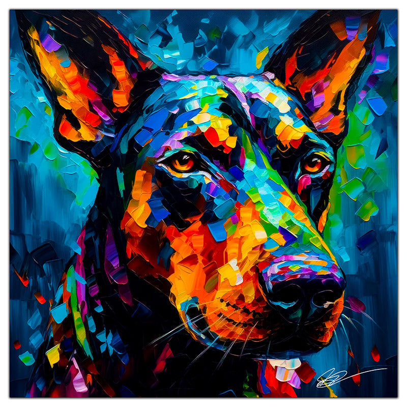 Colorful Dobermann portrait in modern art style, perfect for home decor.